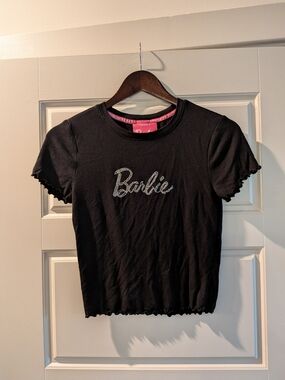 Barbie Black Rhinestone Logo Lettuce-Edge Crop Tee